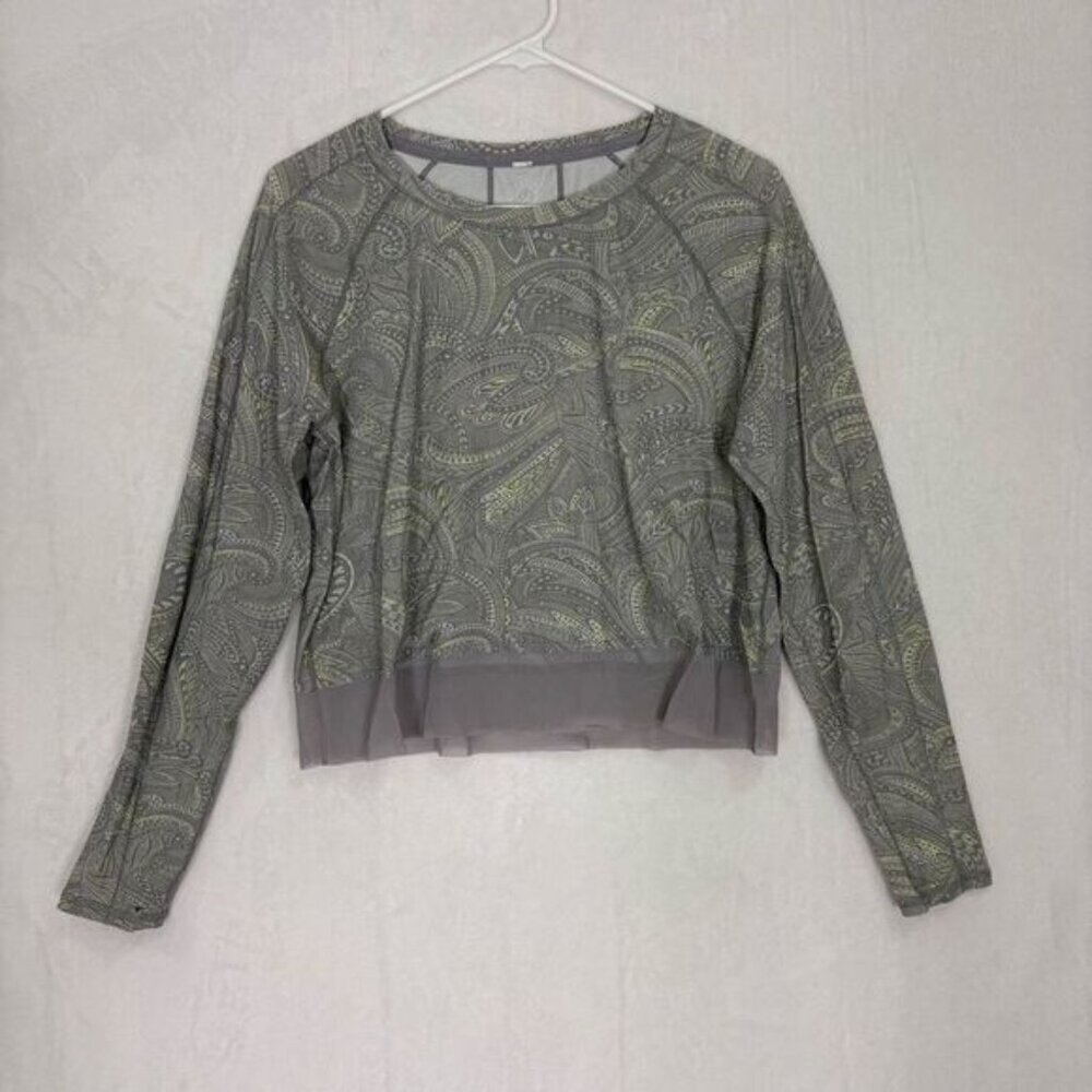 Lululemon Stripe in Stride Grey with Yellow Swirl Print Cropped Long Sleeve Work